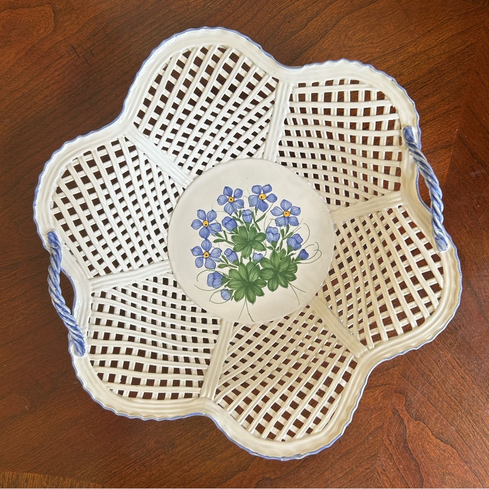 Hand Painted signed lattice design shallow bowl made in Portugal